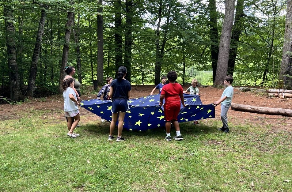 Children in the park, playing with a blue parachute covered in stars.